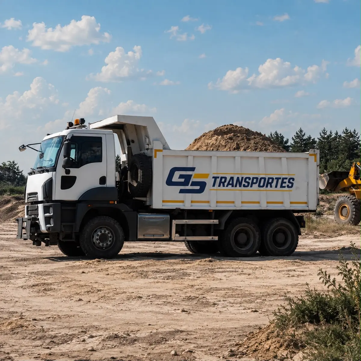 Caminhão basculante com a marca GS Transportes em frente de terraplenagem